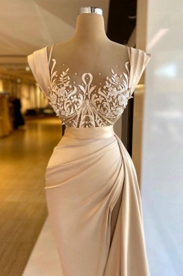 Champagne Sleeveless Satin Long Prom Dress Floral Side Split Evening Dress with Sweep Train_2