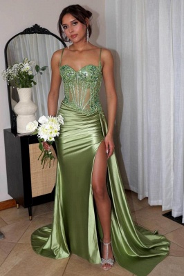 Charming Sweetheart Ruched Satin Side Slit Prom Dress Crystals Spaghetti Straps Long Party Dress