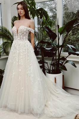 Robe de mariée Aline à épaules dénudées, en Tulle, avec des Appliques en dentelle, robe de mariée de jardin_1