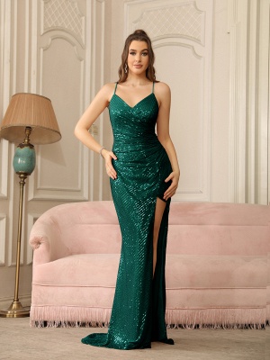 Sexy V-Neck Glitter Sequin Bodycon Prom Dresses with Slit_38