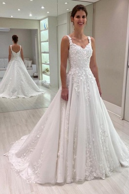 White Tulle Lace A-line Wedding Dresses Sleeveless Appliques Bridal Dress_1