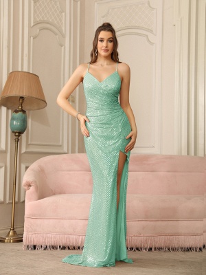 Sexy V-Neck Glitter Sequin Bodycon Prom Dresses with Slit_6