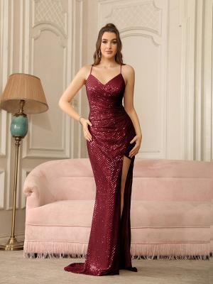 Sexy V-Neck Glitter Sequin Bodycon Prom Dresses with Slit_1