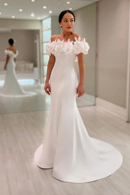 Sleeveless White Satin Sheath Wedding Dresses with 3D Flowers_1