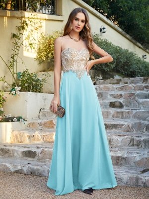 Elegant Sleeveless Chiffon Aline Evening Dress Lace Appliques Formal Dress_85