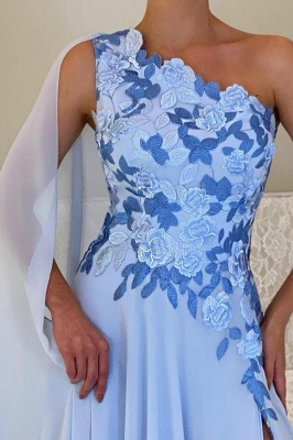 Einschultriges Abendkleid mit blauen Blumenapplikationen und bodenlangem Chiffonkleid für die Brautmutter_2