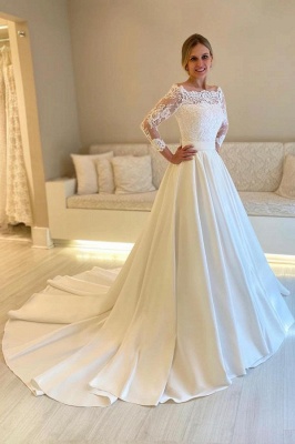 Beautiful Bateau neck Satin Aline Wedding Dress Floral Lace Appliques Bridal Dress with Sleeves