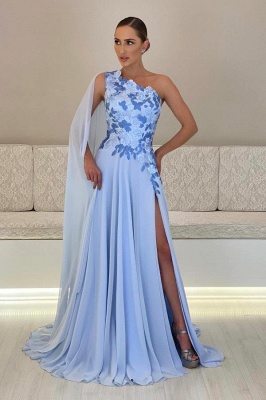 Einschultriges Abendkleid mit blauen Blumenapplikationen und bodenlangem Chiffonkleid für die Brautmutter_1