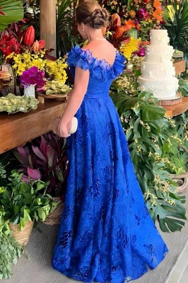 Off-the-Shoulder Royal Blue Evening Dress Floral Lace Long Wedding Guest Dress_2