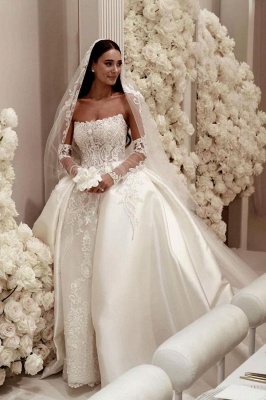 Magnifique robe de bal sans bretelles en dentelle et tulle, robe de mariée trapèze avec traîne en satin_5