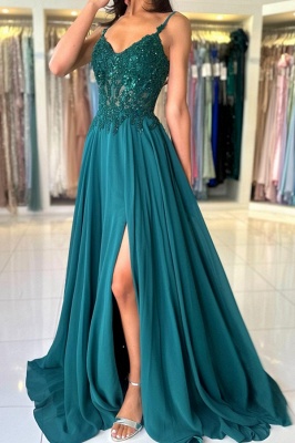 Vestido de noche Aline de gasa con escote en forma de corazón, elegante, verde oscuro, con abertura lateral, largo hasta el suelo, vestido Formal con correas_1