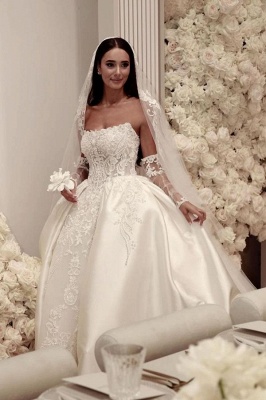 Magnifique robe de bal sans bretelles en dentelle et tulle, robe de mariée trapèze avec traîne en satin_4