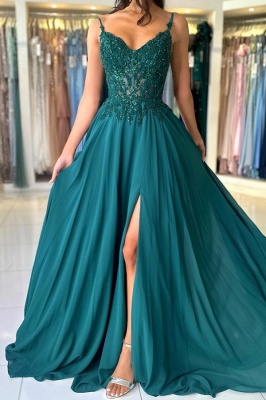 Vestido de noche Aline de gasa con escote en forma de corazón, elegante, verde oscuro, con abertura lateral, largo hasta el suelo, vestido Formal con correas_2