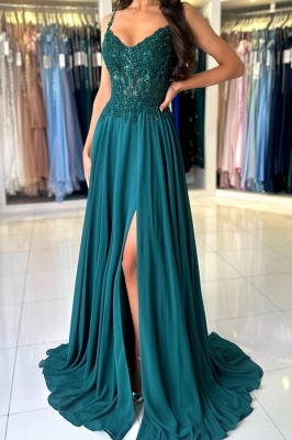 Vestido de noche Aline de gasa con escote en forma de corazón, elegante, verde oscuro, con abertura lateral, largo hasta el suelo, vestido Formal con correas_7