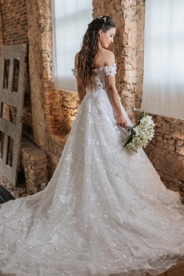 Off-the-Shoulder White Aline Wedding Dress Floral Lace Ball Gown Cathedral Bridal Dress_2