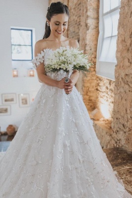 Off-the-Shoulder White Aline Wedding Dress Floral Lace Ball Gown Cathedral Bridal Dress_1