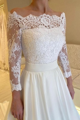 Beautiful Bateau neck Satin Aline Wedding Dress Floral Lace Appliques Bridal Dress with Sleeves_2