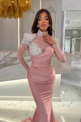 Glitter Sequins Dusty Pink Ruffle Satin Mermaid Prom Dress with Sleeves_2