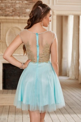 Cute Scoop Neck Tulle Short Homecoming Dress Cap Sleeves Gold Appliques Knee Length Prom Dress_2