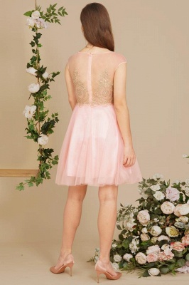 Cute Scoop Neck Tulle Short Homecoming Dress Cap Sleeves Gold Appliques Knee Length Prom Dress_4