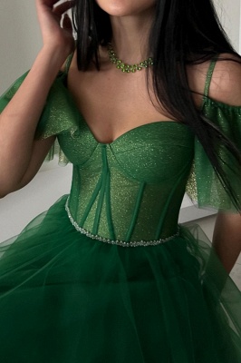 Vestido formal Aline con hombros descubiertos y brillo hasta el tobillo Vestido de fiesta sencillo de tul verde oscuro_2