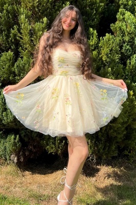 Sweetheart Daffodil Ruffle Chiffon Sleeveless Aline Short Party Dress Floral Formal Dress_4