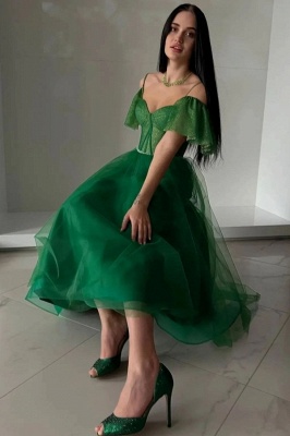 Vestido formal Aline con hombros descubiertos y brillo hasta el tobillo Vestido de fiesta sencillo de tul verde oscuro_1