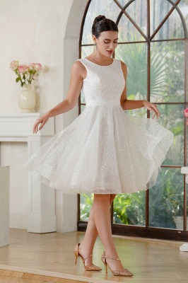 Elegant Sleeveless Ivory Chiffon Knee length Formal Dress Sequins Short Party Wear Dress_4