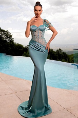 Charming 3D Off Shoulder Sweetheart Crystal Mermaid Prom Dress Sheath Ruched Satin Long Evening Dress_2