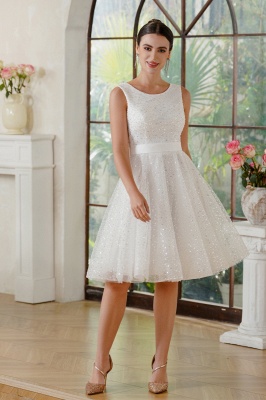 Elegant Sleeveless Ivory Chiffon Knee length Formal Dress Sequins Short Party Wear Dress_2