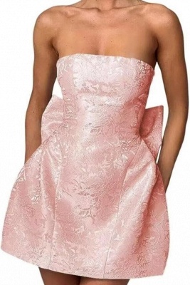 Chic Strapless Ruffle Satin Sheath Prom Dress Short Homecoming Dresses with Bow_2