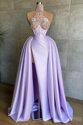 Robe de soirée chic à col haut en satin froncé, longueur au sol, robe de bal fendue sur le devant en dentelle florale_1