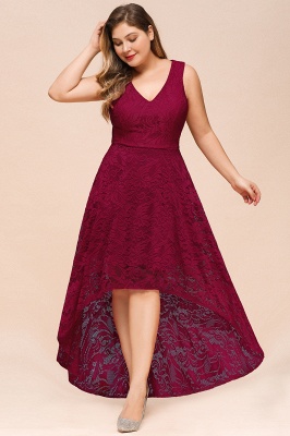 A-line Hi-lo Sleeveless Burgundy Lace Dresses V-neck Simple Formal Dress_7