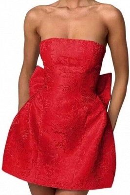 Chic Strapless Ruffle Satin Sheath Prom Dress Short Homecoming Dresses with Bow_4