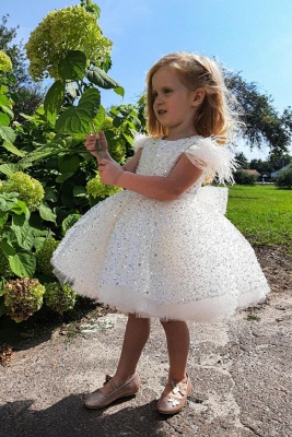 Glitzer Pailletten Blumenmädchen Kleid Flügelärmeln Weiß Mädchen Geburtstag Party Kleid mit Schleife