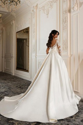 Elegant Satin Aline Wedding Dress with Long Sleeves Floral Lace Princess Bridal Dress_2