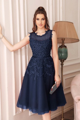 Tea-Length A-line Lace Appliques Beaded Party Dresses Sleeveless Short Homecoming Dresses_7