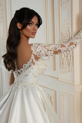 Elegant Satin Aline Wedding Dress with Long Sleeves Floral Lace Princess Bridal Dress_4