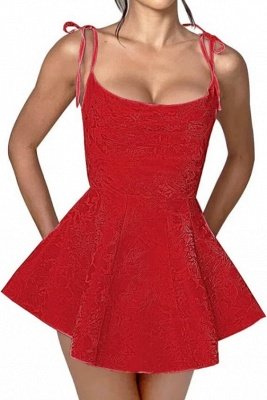 Chic Spaghetti Straps Ruffle Short Homecoming Dress Sleeveless Jacquard Satin Mini Party Dress_21