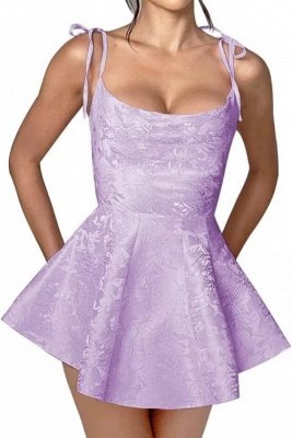 Chic Spaghetti Straps Ruffle Short Homecoming Dress Sleeveless Jacquard Satin Mini Party Dress_6