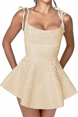 Chic Spaghetti Straps Ruffle Short Homecoming Dress Sleeveless Jacquard Satin Mini Party Dress_5