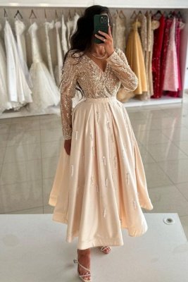 Chic Glitter Satin Ankle Length Evening Dress Long Sleeves V-Neck Formal Dress