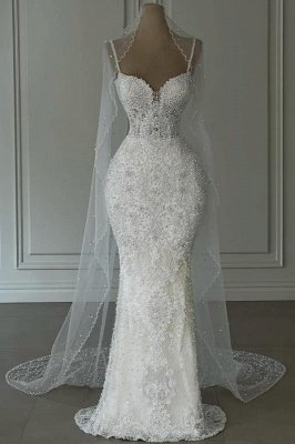 Vestido de novia glamoroso de sirena con tirantes finos blancos y perlas, vestido de novia de encaje con escote en forma de corazón