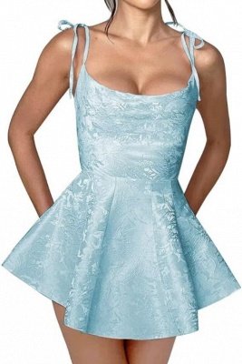 Chic Spaghetti Straps Ruffle Short Homecoming Dress Sleeveless Jacquard Satin Mini Party Dress_23