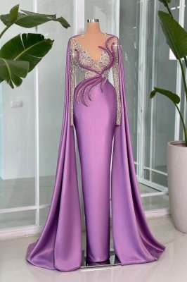 Gorgeous Liliac Satin Long Prom Dress with Sleeves Glitter Beadings Mermaid Evening Dress