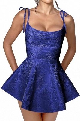 Chic Spaghetti Straps Ruffle Short Homecoming Dress Sleeveless Jacquard Satin Mini Party Dress_7