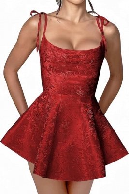 Chic Spaghetti Straps Ruffle Short Homecoming Dress Sleeveless Jacquard Satin Mini Party Dress_16