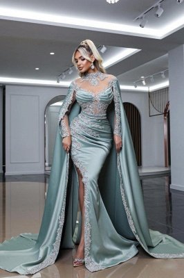 Amazing Side Split Ruched Satin Sheath Mermaid Prom Dress with Lace Appliques