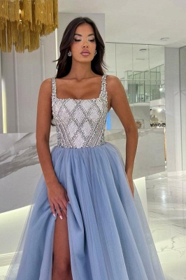 Stilvolles Abendkleid mit quadratischem Ausschnitt und glitzerndem A-Linien-Ausschnitt, vorne geschlitztes Tüll-Partykleid_2