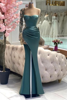 One Shoulder Ruched Satin Bodycon Evening Dress Side Split Formal Dress